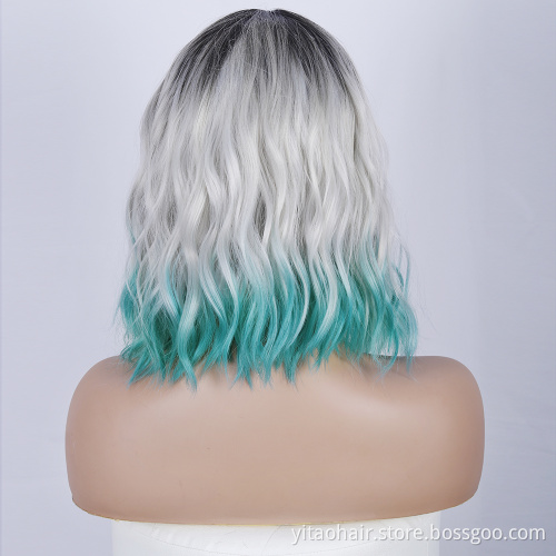 Gray Blue Wavy Wig Women's Short Bob Ombre Black Wig Curly Wavy Shoulder Length Bob Synthetic Cosplay Wigs for Girl